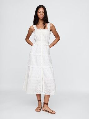 Gap x Doen Midi White Eyelet Dress with Scalloped Straps
